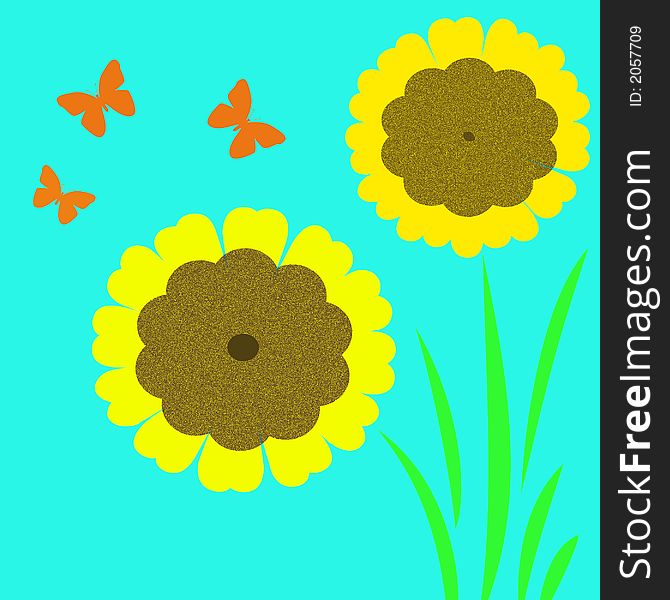 Yellow sunflowers and butterflies on blue background,scrapbook,poster. Yellow sunflowers and butterflies on blue background,scrapbook,poster