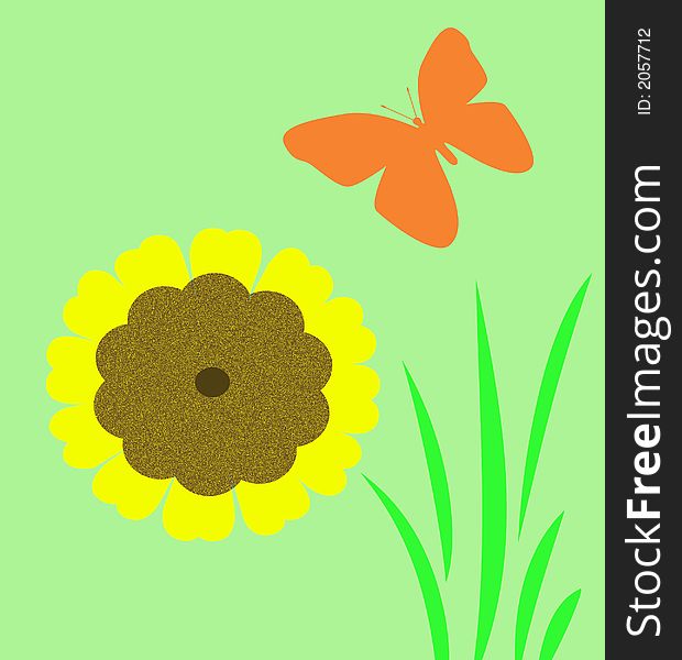 Yellow sunflowers and butterflies on  green background,scrapbook,poster. Yellow sunflowers and butterflies on  green background,scrapbook,poster