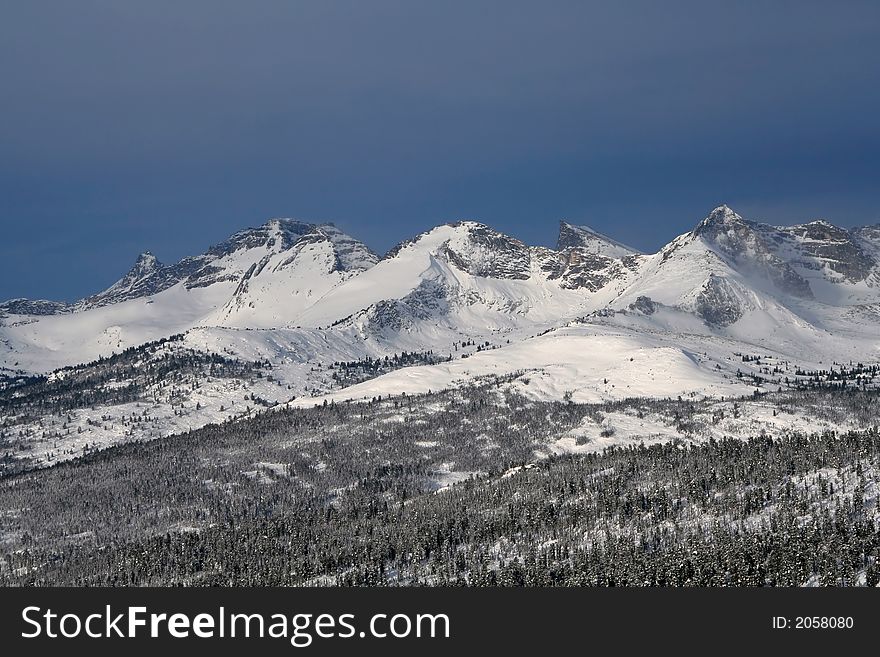 Winter in the forest with trees downhill covered in snow and mountains in the background. Winter in the forest with trees downhill covered in snow and mountains in the background