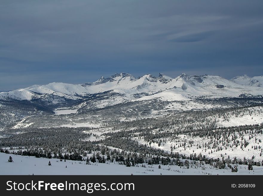 Winter in the forest with trees downhill covered in snow and mountains in the background. Winter in the forest with trees downhill covered in snow and mountains in the background