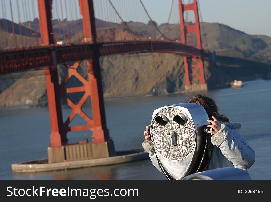 A girl near the Golden Gate bridge, San Francisco