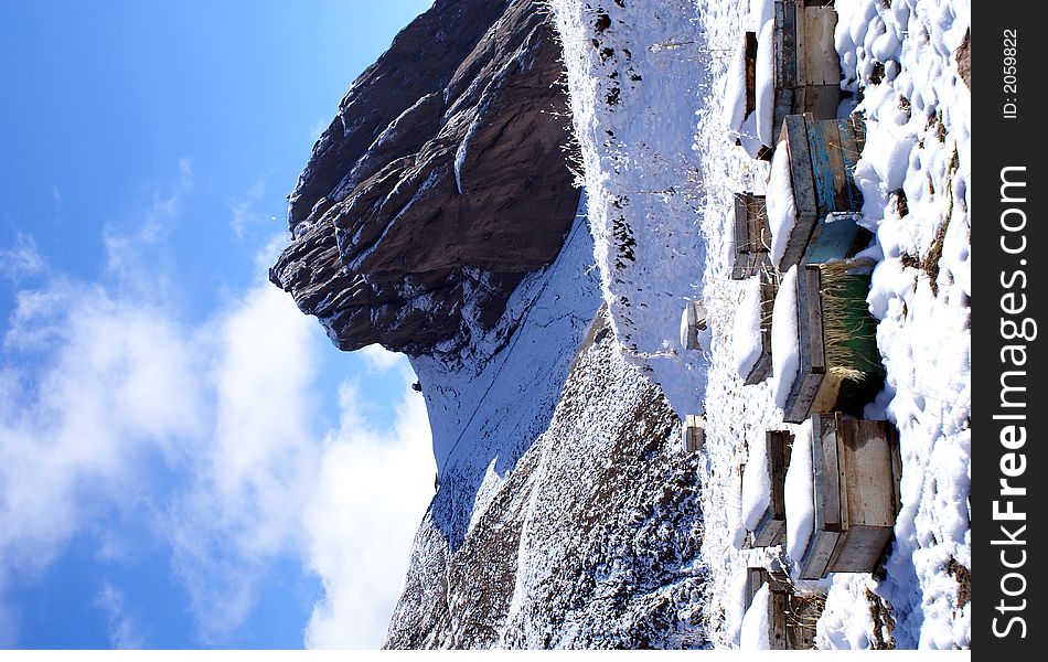 Beehives On The Snow In Mountain