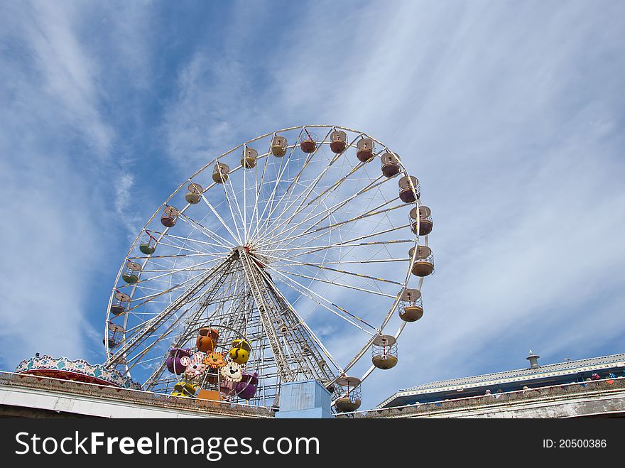 Ferris Wheel on Central Pier Blackpool under a summer sky. Ferris Wheel on Central Pier Blackpool under a summer sky