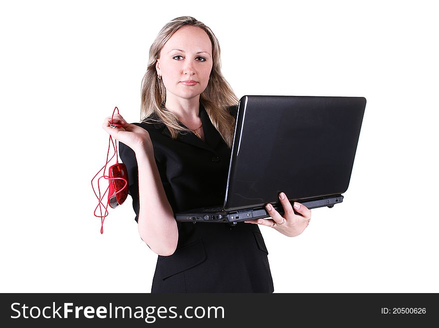Pretty businesswoman stands with notebook. Pretty businesswoman stands with notebook