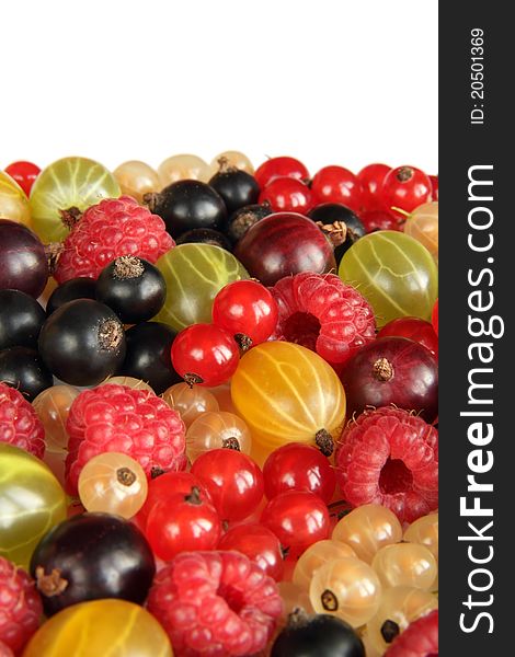 Berry background made of gooseberry, raspberry, black, red and white currants. Berry background made of gooseberry, raspberry, black, red and white currants