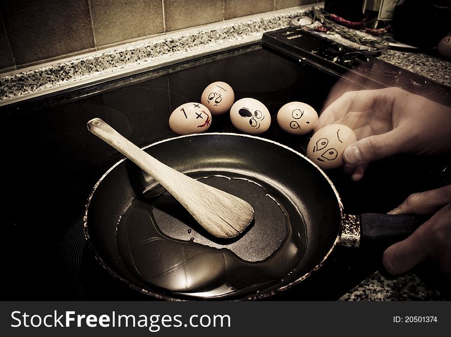 Five funny egg in kitchen