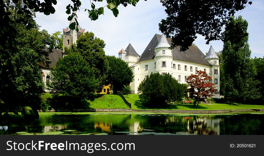 Hagenau Palace is located on a branch of the Inn River near Braunau, Austria. Hagenau Palace is located on a branch of the Inn River near Braunau, Austria.