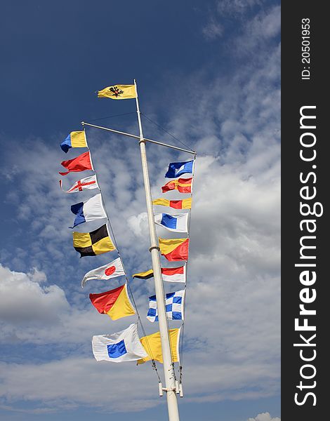 Maritime flags on the pier of Peterhof
