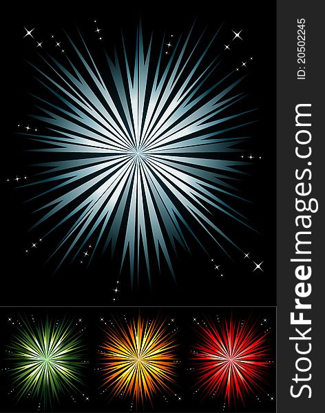 Variation of bright light fireworks against black. Variation of bright light fireworks against black.