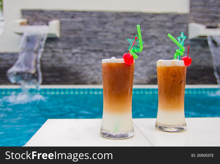 Ice coffee beside the pool