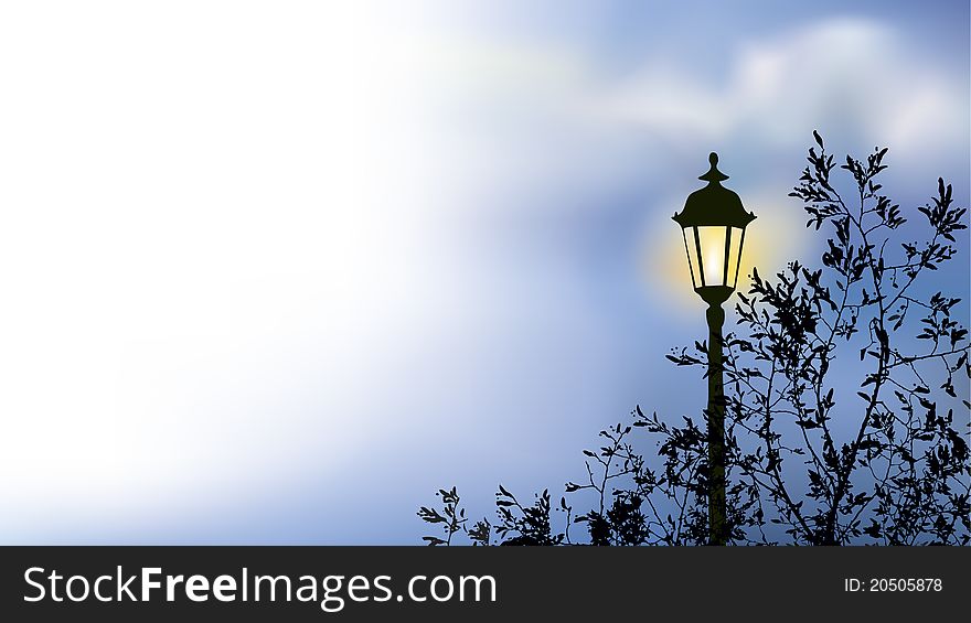 Vector landscape. Glowing lantern near the branches of spring tree