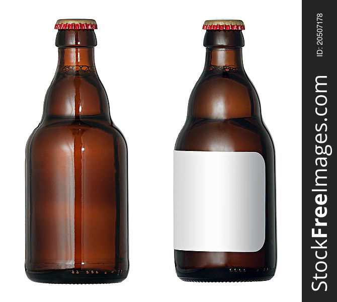 A beer bootle with blank labels, isolated on white background. A beer bootle with blank labels, isolated on white background.