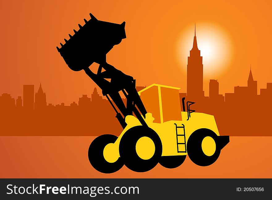 City and construction. Silhouette of the bulldozer