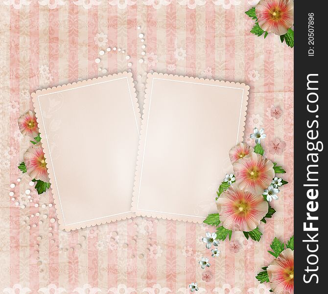 Vintage card   and pink mallow on retro striped background. Vintage card   and pink mallow on retro striped background