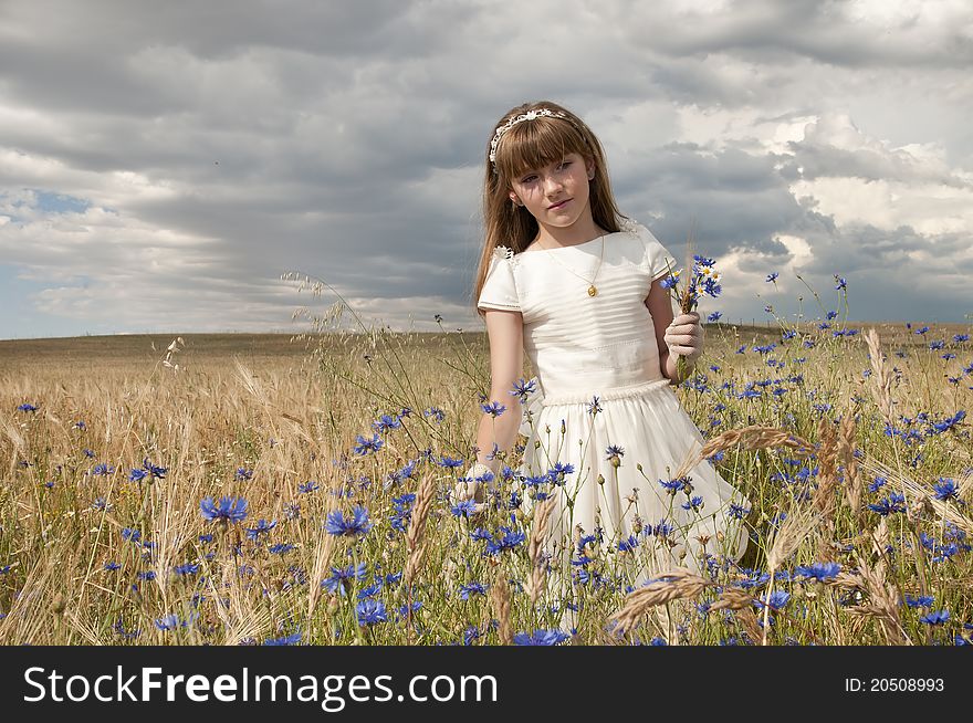 Girl wearing first communion dress among the flowers and spikes. Girl wearing first communion dress among the flowers and spikes