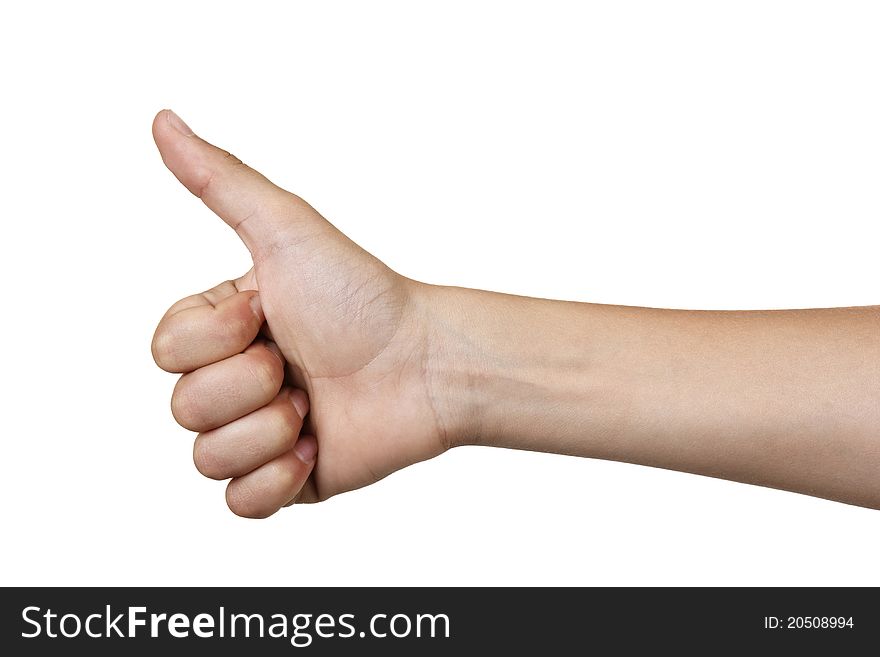 Thumbs up boy's hand isolated on white background