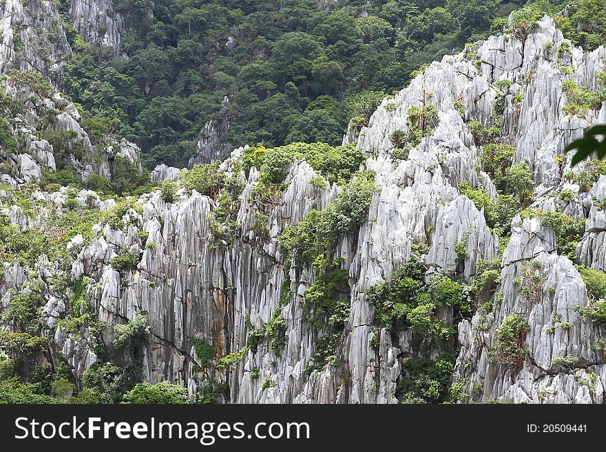 Image of ancient limestone hills in Saraburi, Thailand.