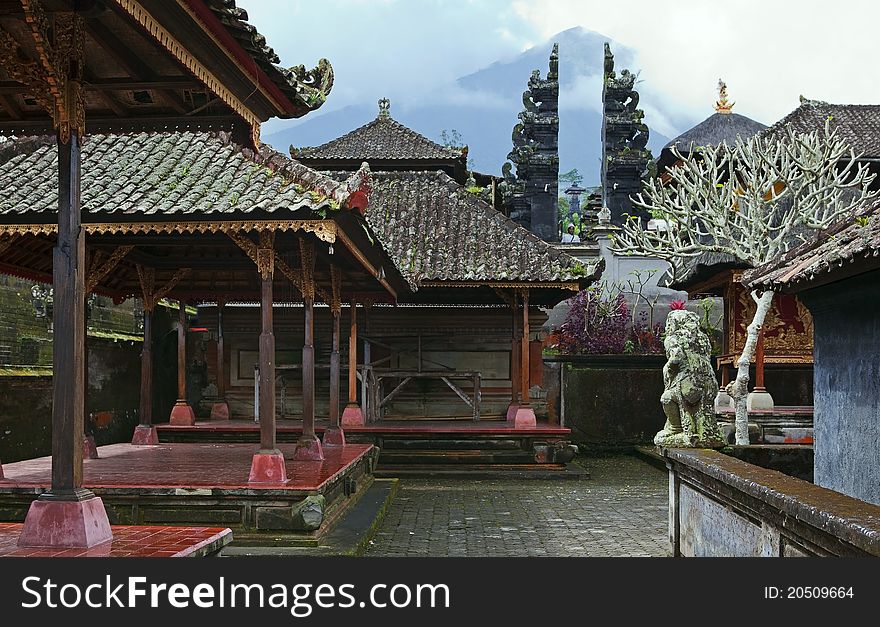 Temple yard of the largest temple in Bali with a view on of Mount Agung. Temple yard of the largest temple in Bali with a view on of Mount Agung