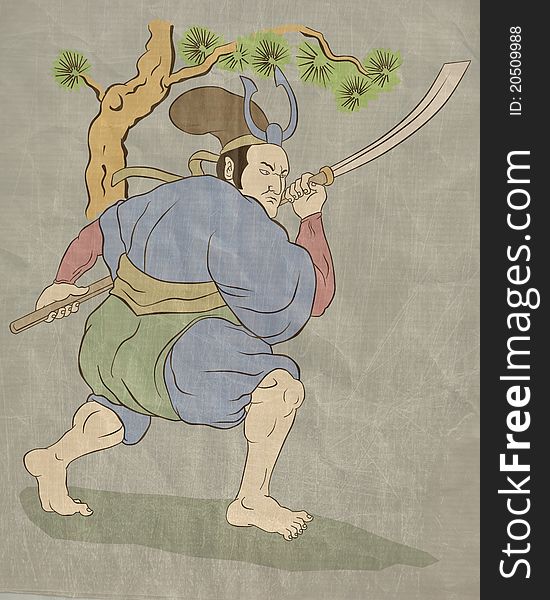 Illustration of a Samurai warrior with katana sword in fighting stance with tree in background done in Japanese wood block style print. Illustration of a Samurai warrior with katana sword in fighting stance with tree in background done in Japanese wood block style print