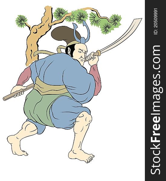 Illustration of a Samurai warrior with katana sword in fighting stance with tree inbackground done in cartoon style. Illustration of a Samurai warrior with katana sword in fighting stance with tree inbackground done in cartoon style