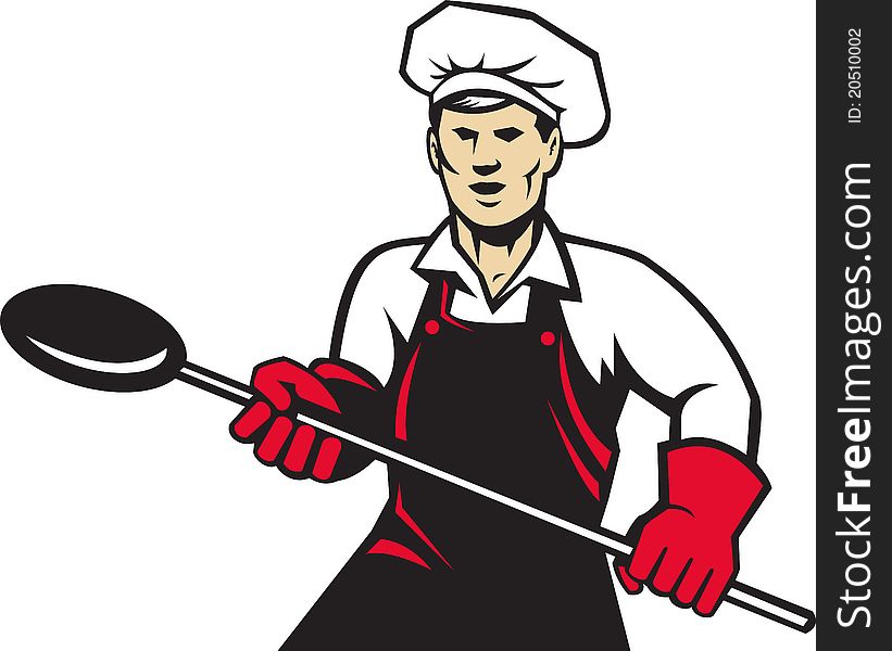 Illustration of a baker holding baking pan with long handle done in retro style