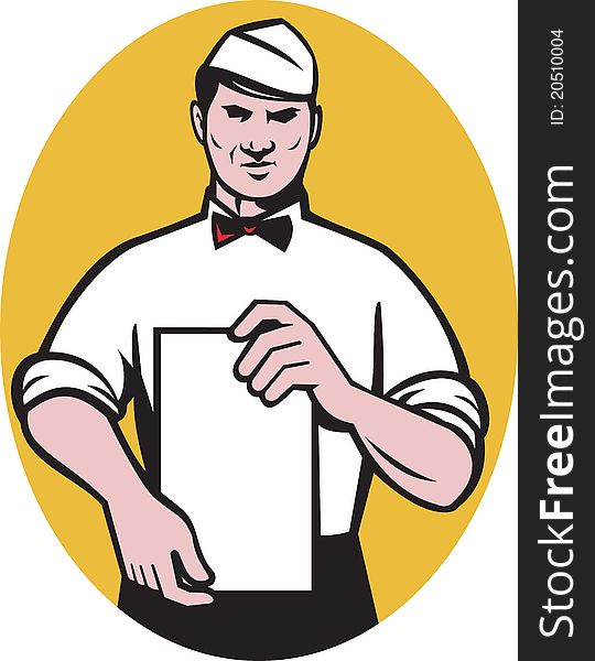 Illustration of a Waiter holding a blank menu paper facing front set inside an ellipse