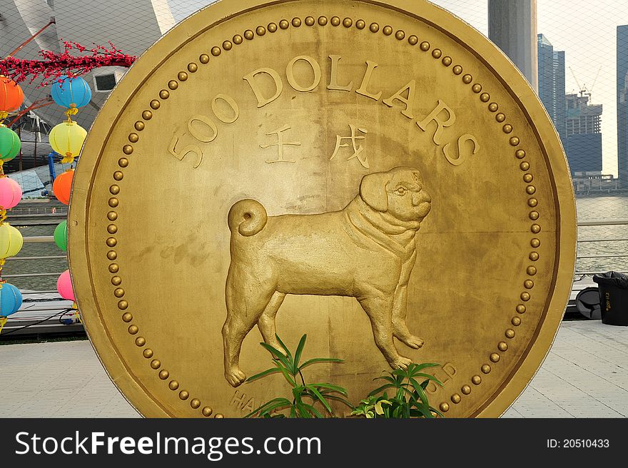 Gold coin of dog on display