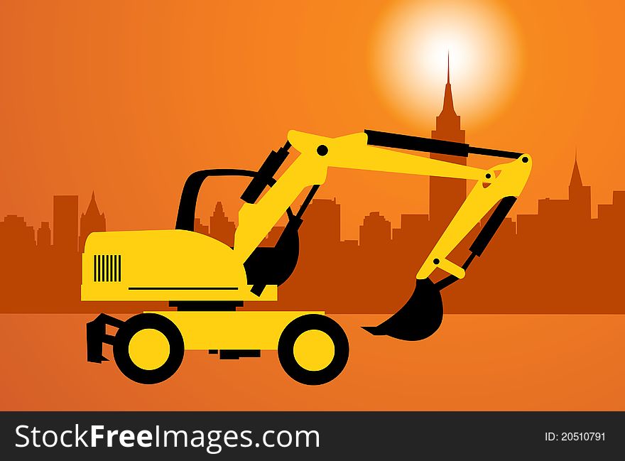 Silhouette of the excavator. City and construction
