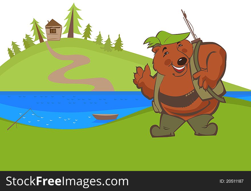 The bear near a lake invites visitors to a boat. An island with a house on background. The bear near a lake invites visitors to a boat. An island with a house on background