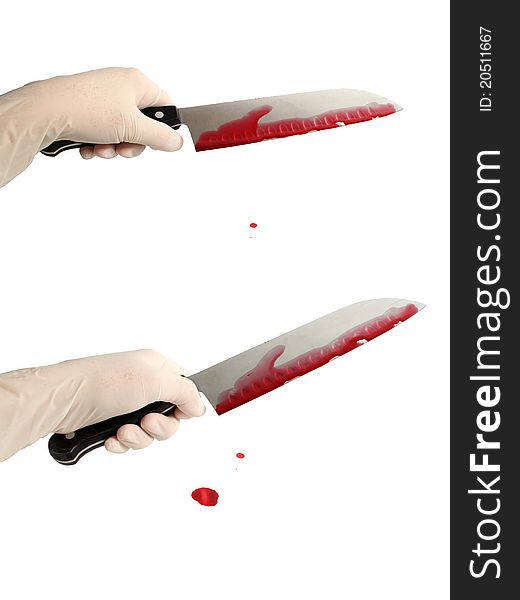 Two bloody knives in hands with gloves. Isolated on white with clipping path. Two bloody knives in hands with gloves. Isolated on white with clipping path.