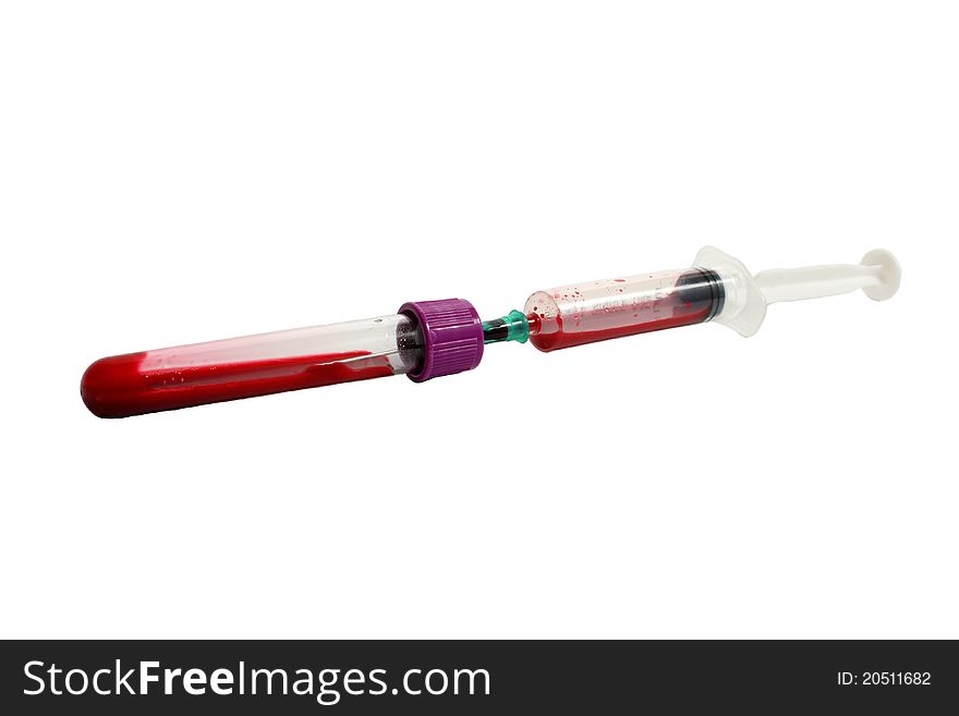 Filling blood container from syringe isolated on white with clipping path.