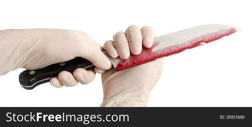 Bloody knife in hands with gloves. Isolated on white with clipping path.