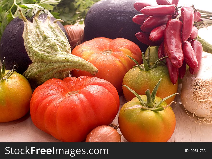 Tomatoes, onion, aubergine, parsley and chilli pepper (horizontal). Tomatoes, onion, aubergine, parsley and chilli pepper (horizontal)