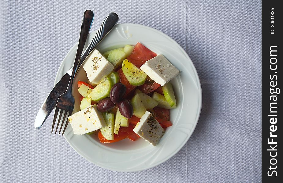 Traditional Greek salad, details of ingredients.