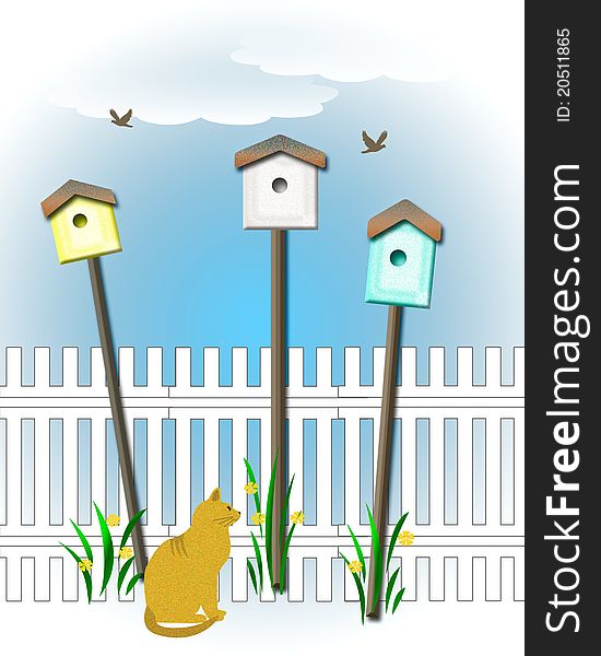 Colorful birdhouses and yellow cat illustration poster. Colorful birdhouses and yellow cat illustration poster