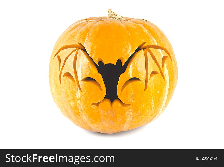 Halloween pumpkin with cut out bat isolated on white background
