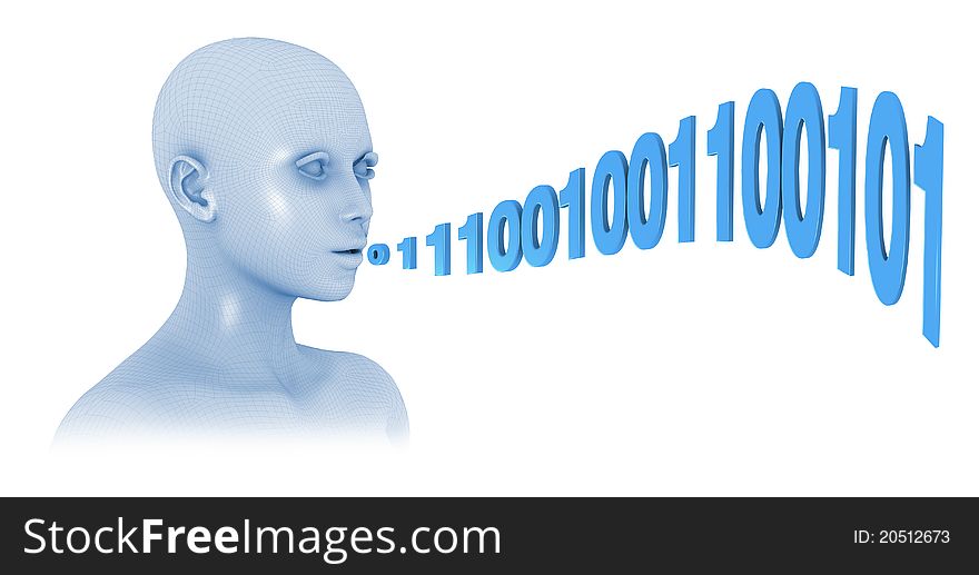 One head with a wire-frame texture who speaks using binary numbers (3d render). One head with a wire-frame texture who speaks using binary numbers (3d render)