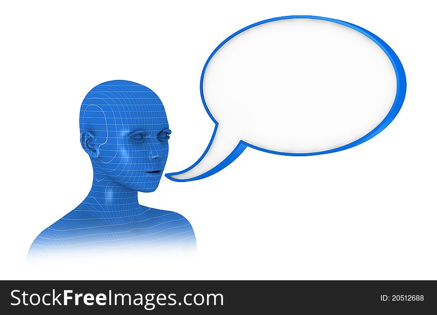 Render of one 3d woman who speaks with an empty balloon text