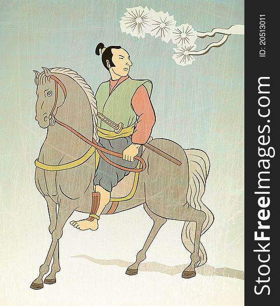 Illustration of a Samurai warrior riding horse with katana sword viewed from side dome in the style of Japanese wood block print
