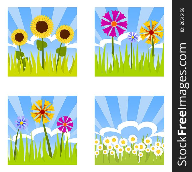 Four flower buttons, cartoon  illustrations