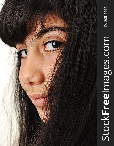 Schoolgirl, black long hair, portrait, black eyes