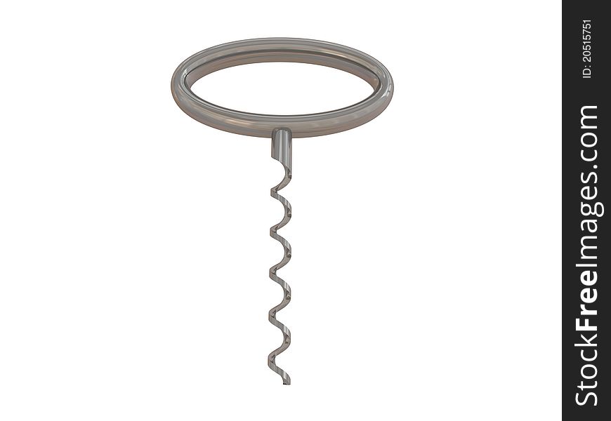 Metal corkscrew with a cork on a white background 3d