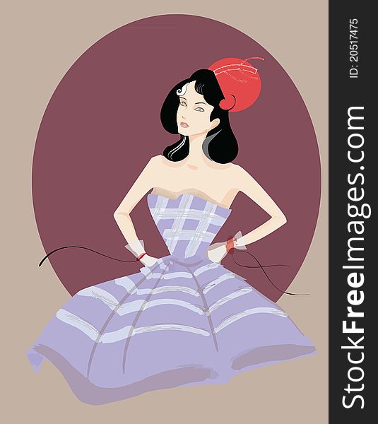 Stylish fashion woman in purple dress and red hat. Stylish fashion woman in purple dress and red hat