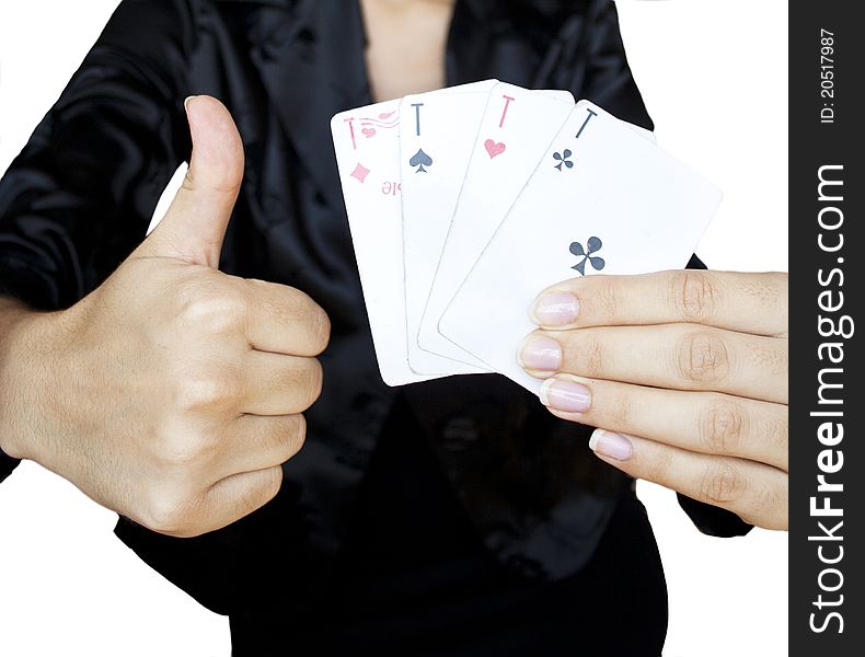 Playing cards in womanâ€™s hands on white isolated