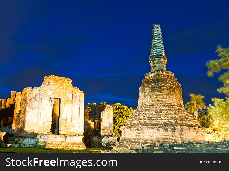 Ruin pagoda in Ayutthaya in twilight