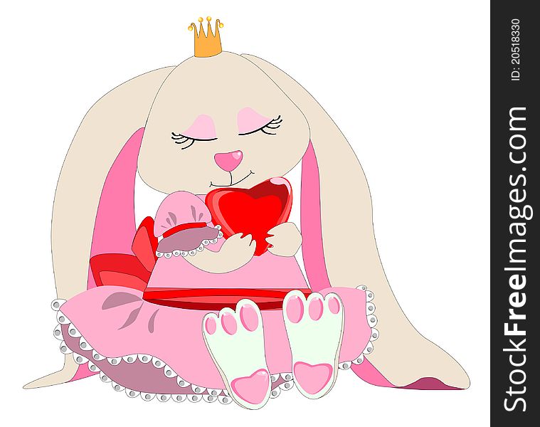 Hare with a crown in a pink dress with heart in hands