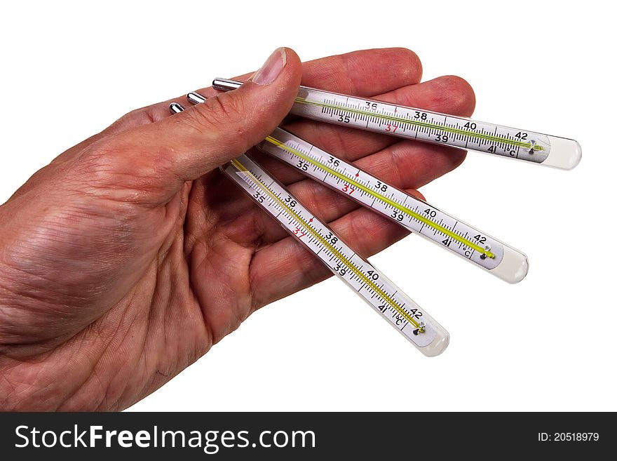 Three glass mercury thermometers hold by male hand isolated over white background. Three glass mercury thermometers hold by male hand isolated over white background.