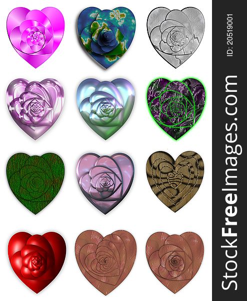 Collection of 3D hearts in various colours and textures. Collection of 3D hearts in various colours and textures