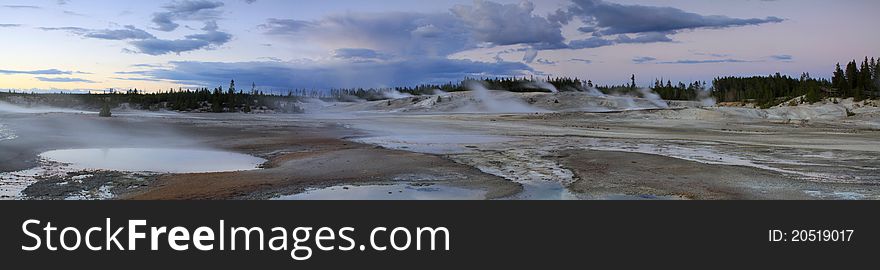 Norris Geyser Basin at dusk, located in Yellowstone National Park