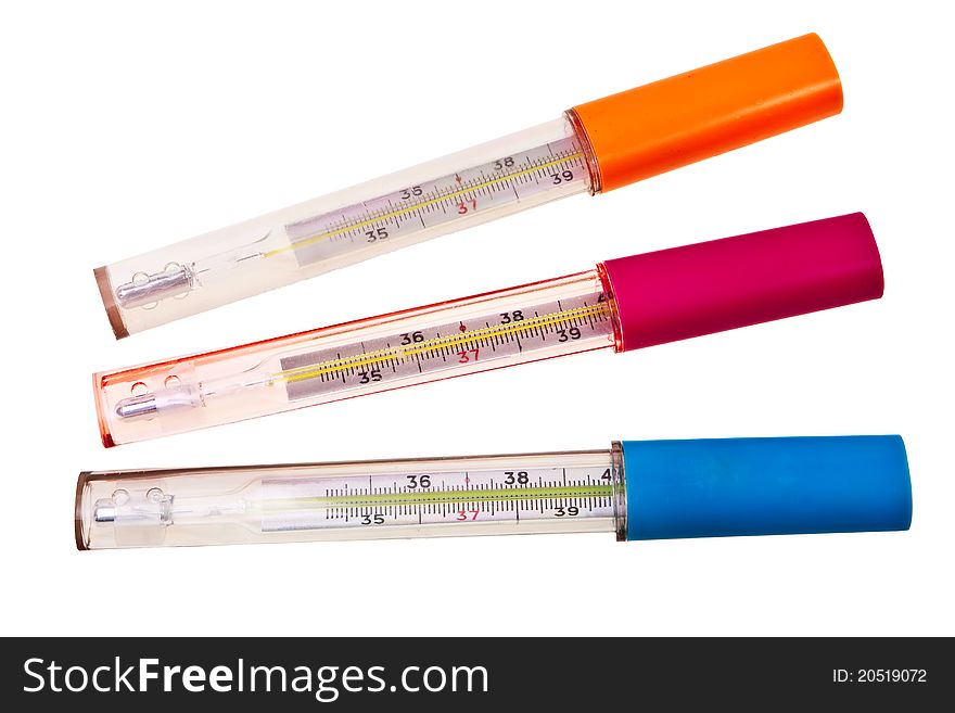Three mercury thermometers in plactic containers isolated over white background. Three mercury thermometers in plactic containers isolated over white background.